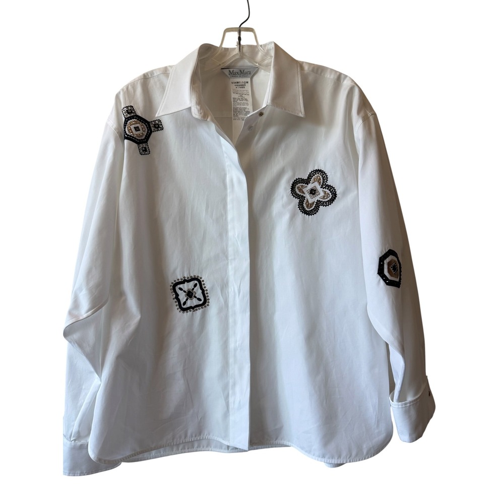 Max Mara Embroidered Poplin Shirt White Cotton Sz 12 $1020 Retail